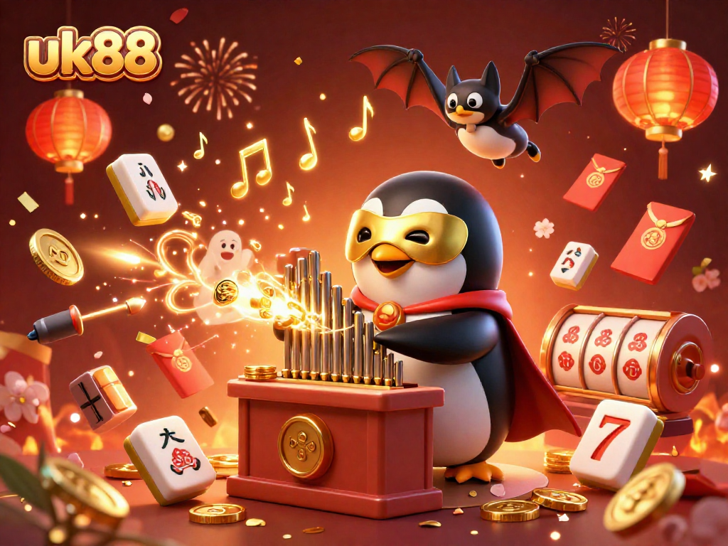 Win big with uk88 in this vibrant, 3D digital casino fantasy scene featuring iconic gaming elements.
