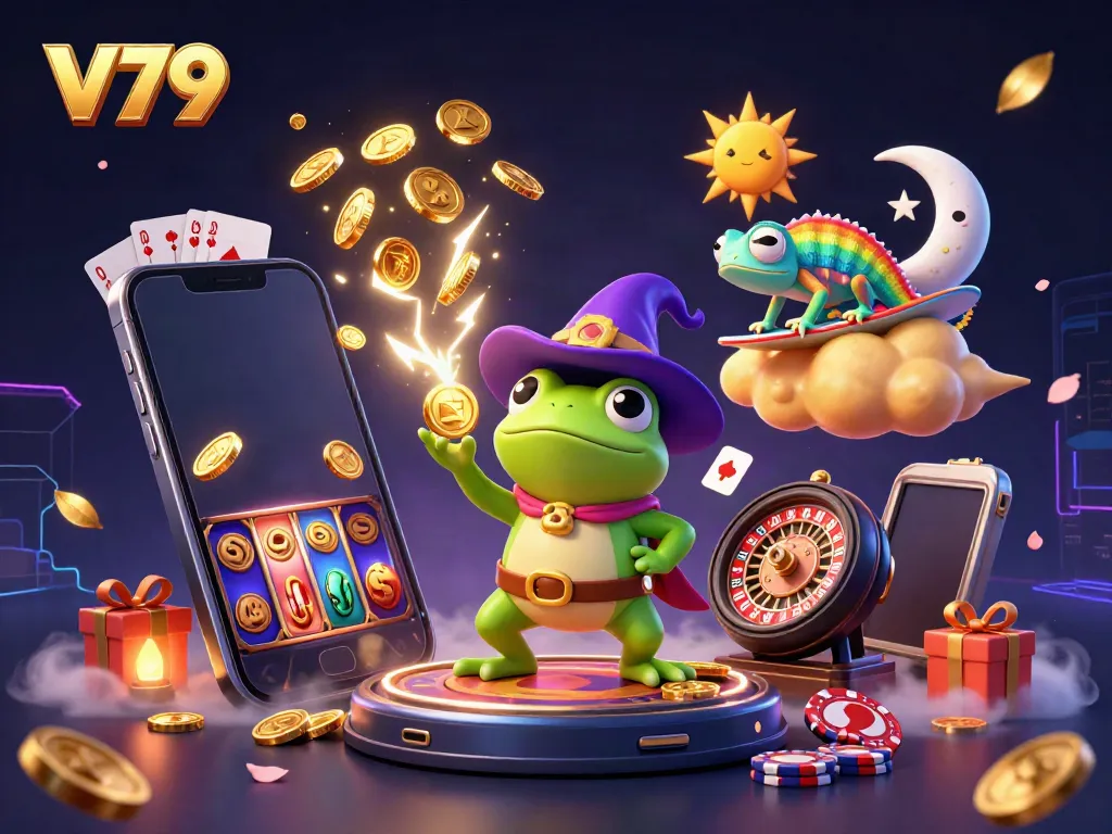 V79's vibrant 3D illustration showing a weather wizard frog, chameleon, and dynamic casino game elements.