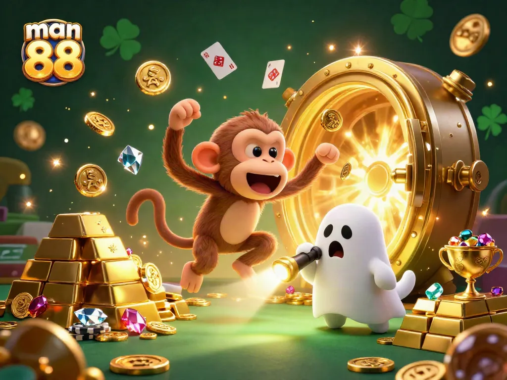 Experience the excitement of man 88's vibrant casino with playful characters and glowing treasures.