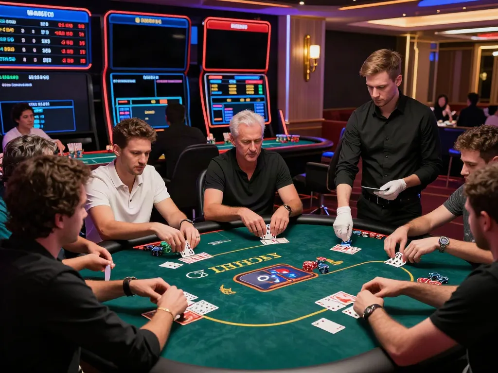 Diverse players engaged in an exciting 9 bet casino experience with high-quality poker games and a professional dealer in a vibrant atmosphere.