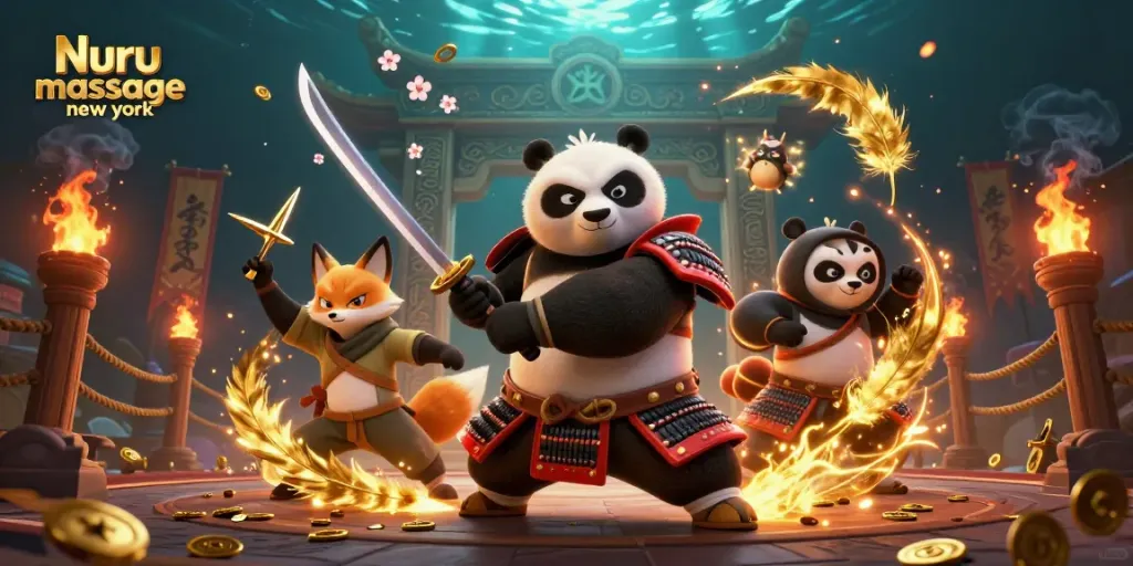 Nuru massage new york enhances your gaming experience, featuring dynamic samurai panda and ninja fox in vibrant casino setting.