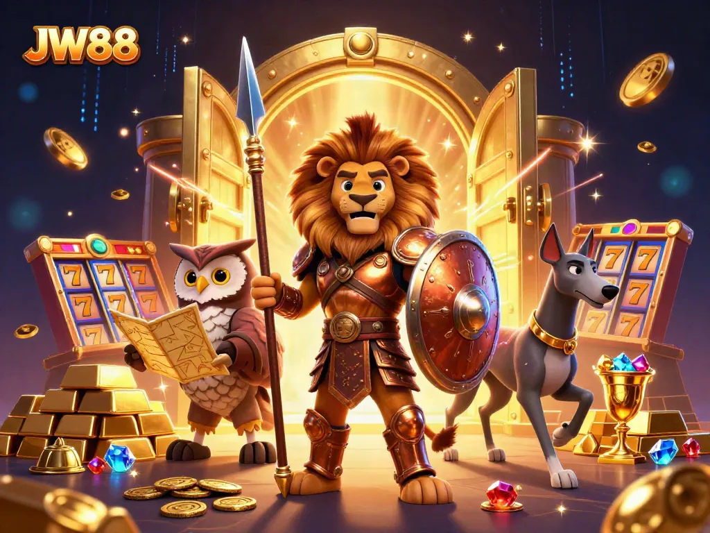 Experience the thrill of JW88 gaming with dynamic characters and sparkling treasures amidst an exciting casino backdrop.