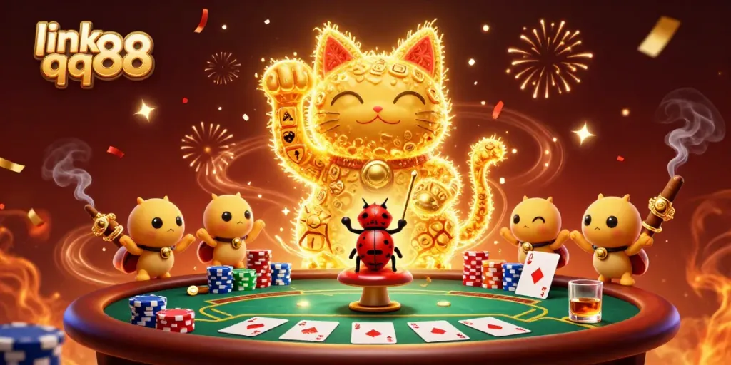 Experience the excitement of link qq88 with a vibrant 3D illustration of a lucky cat and casino elements.