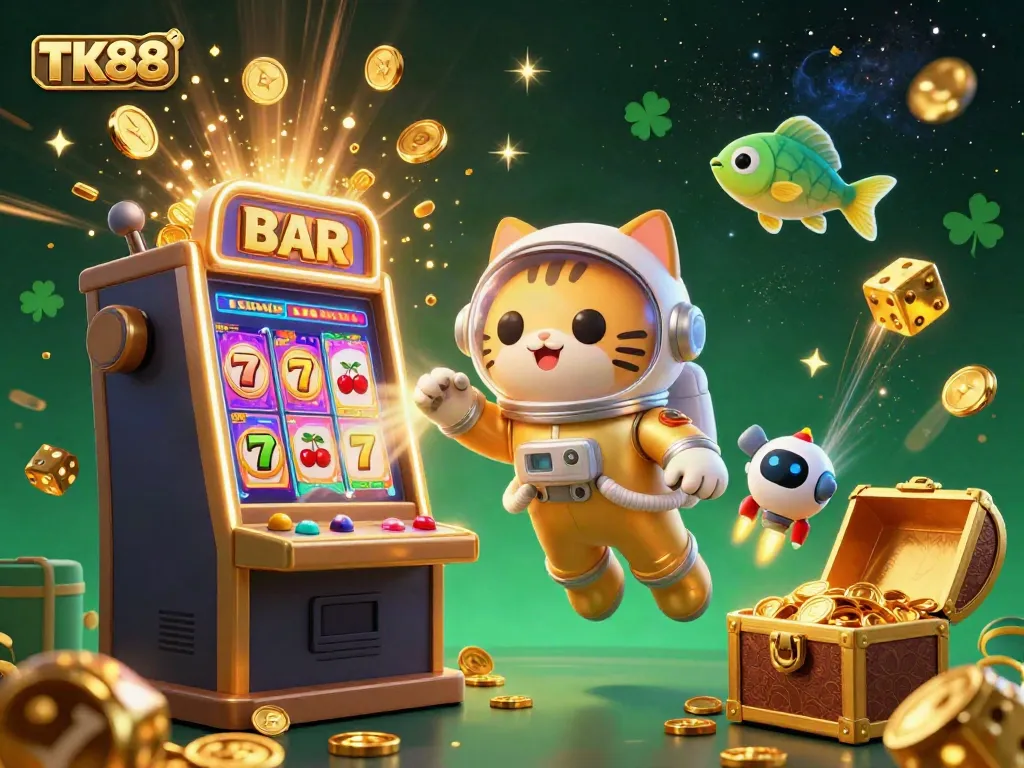 Experience thrilling wins with TK88's vibrant casino scene featuring a slot machine and jackpot excitement.