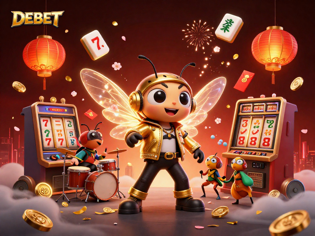 Join the excitement of DEBET with a vibrant 3D casino scene featuring animated slot machines and lively characters.