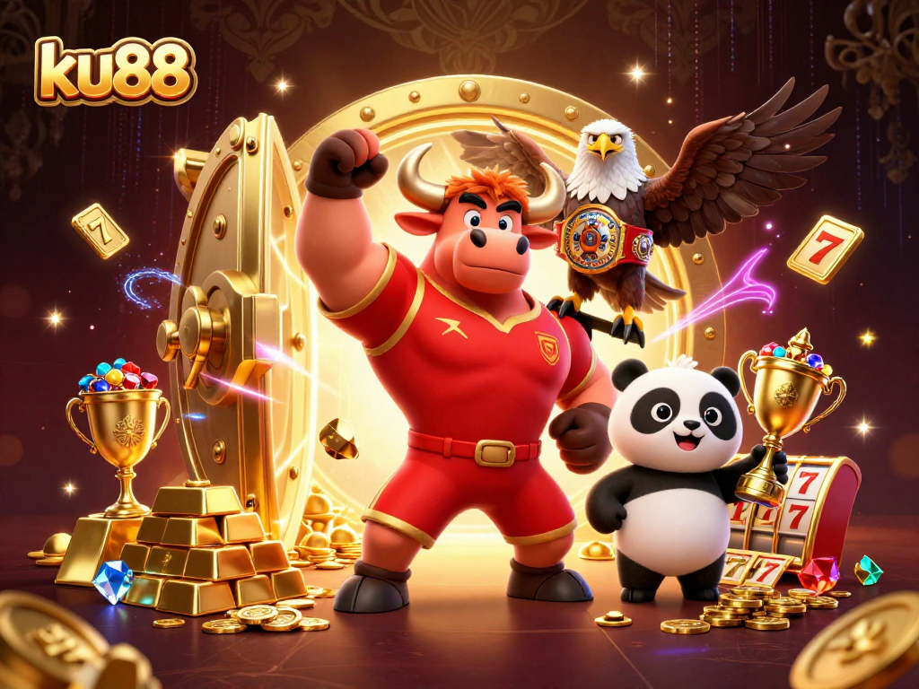 ku88 showcases an engaging slot scene with a bull mascot, eagle, and panda among riches.