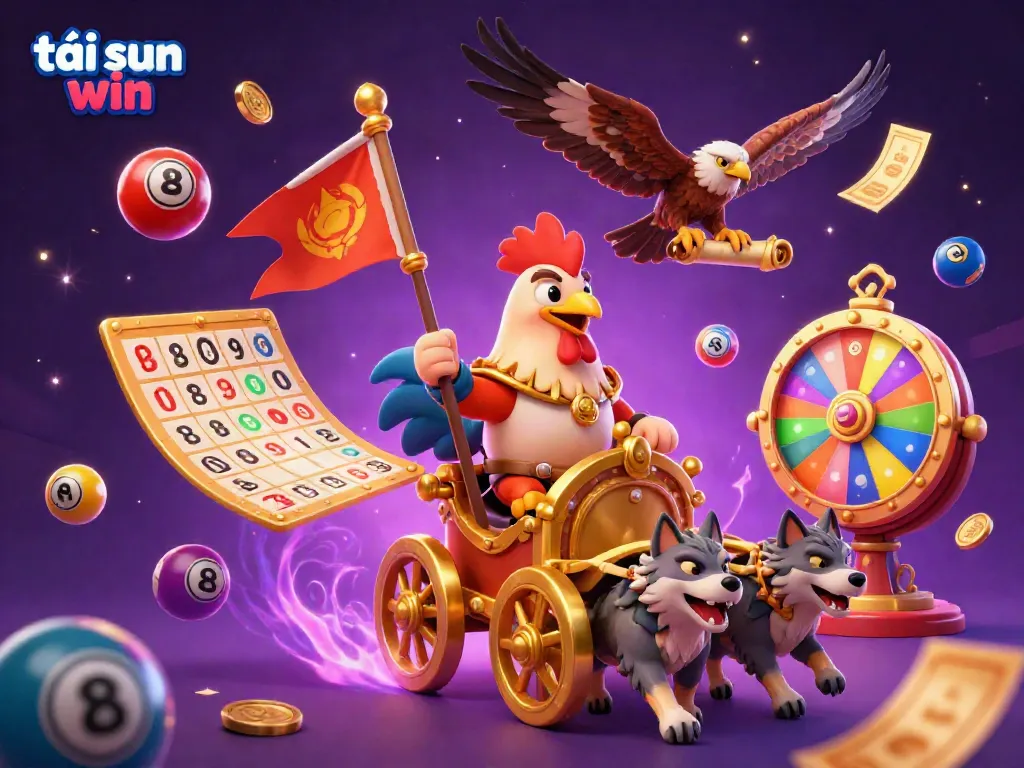 Join the exciting action of tải sun win with a vibrant 3D illustration of a rooster warlord and gaming elements.