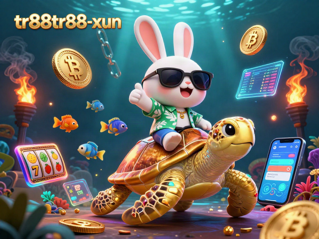 Experience exciting adventures at tr88tr88-xun with a lucky rabbit and golden sea turtle in this vibrant casino scene.