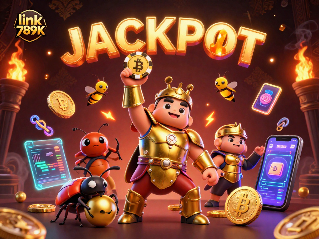 Join the excitement with link 789K as a victorious beetle lifts a poker chip amidst vibrant casino elements.