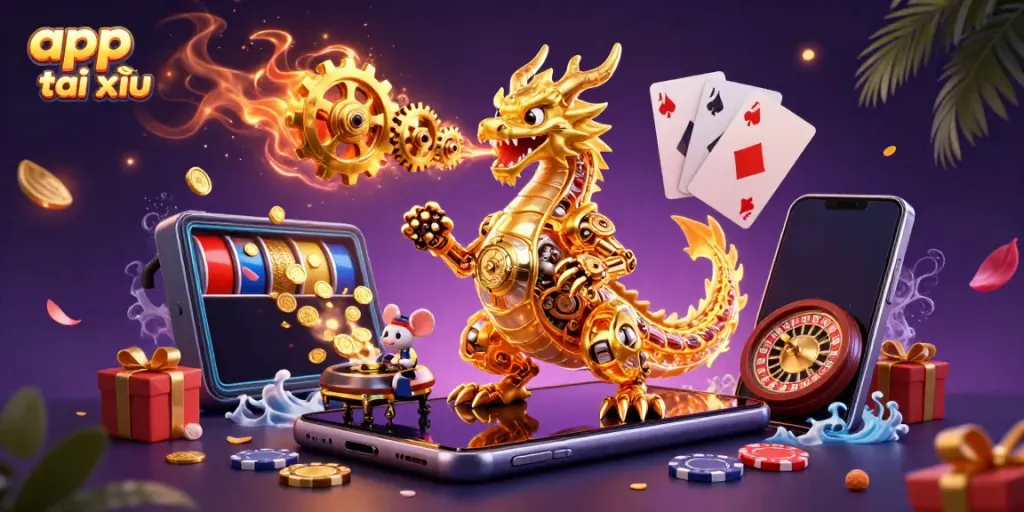 Engage with app tài xỉu in a vibrant 3D casino-themed illustration featuring a golden dragon and dynamic game elements.