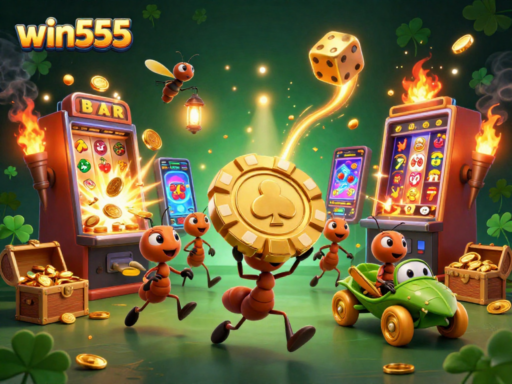 win555 features a 3D cartoon of ants heisting a massive poker chip amidst a casino explosion.