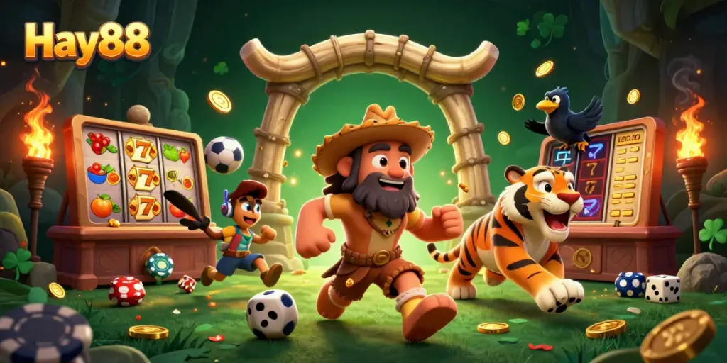 Win big at Hay88 with a vibrant casino scene featuring a caveman, sabertooth tiger, and clever crow.