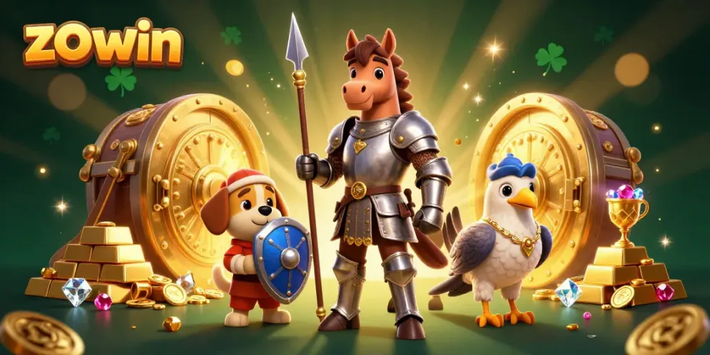 Experience winning at zo win with a knight and squire in a dazzling casino treasure scene.
