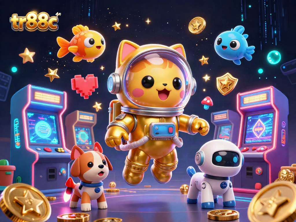 tr88c transforms gaming excitement with a vibrant casino-themed 3D illustration showcasing a space cat and robot dog in action.