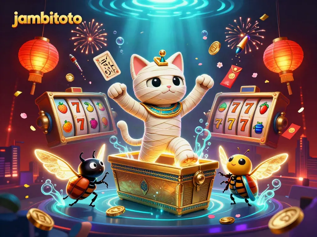 Engage and win at jambitoto with the lively Egyptian mummy cat and vibrant casino elements.