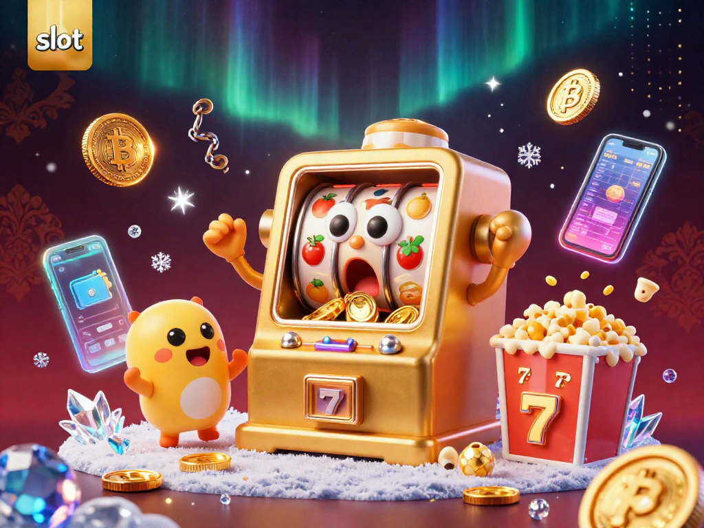Experience the thrill of a slot jackpot with this vibrant 3D illustration showcasing lively characters and crypto elements.