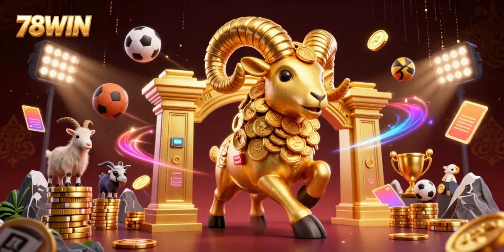 Experience vibrant gaming action with 78WIN featuring a golden ram charging through a casino scene.