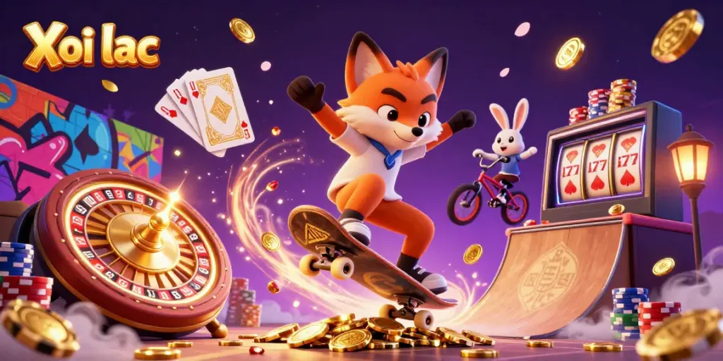 Xoi lac offers a lively 3D cartoon fox and rabbit in a dynamic casino scene celebrating sports betting and gaming action.