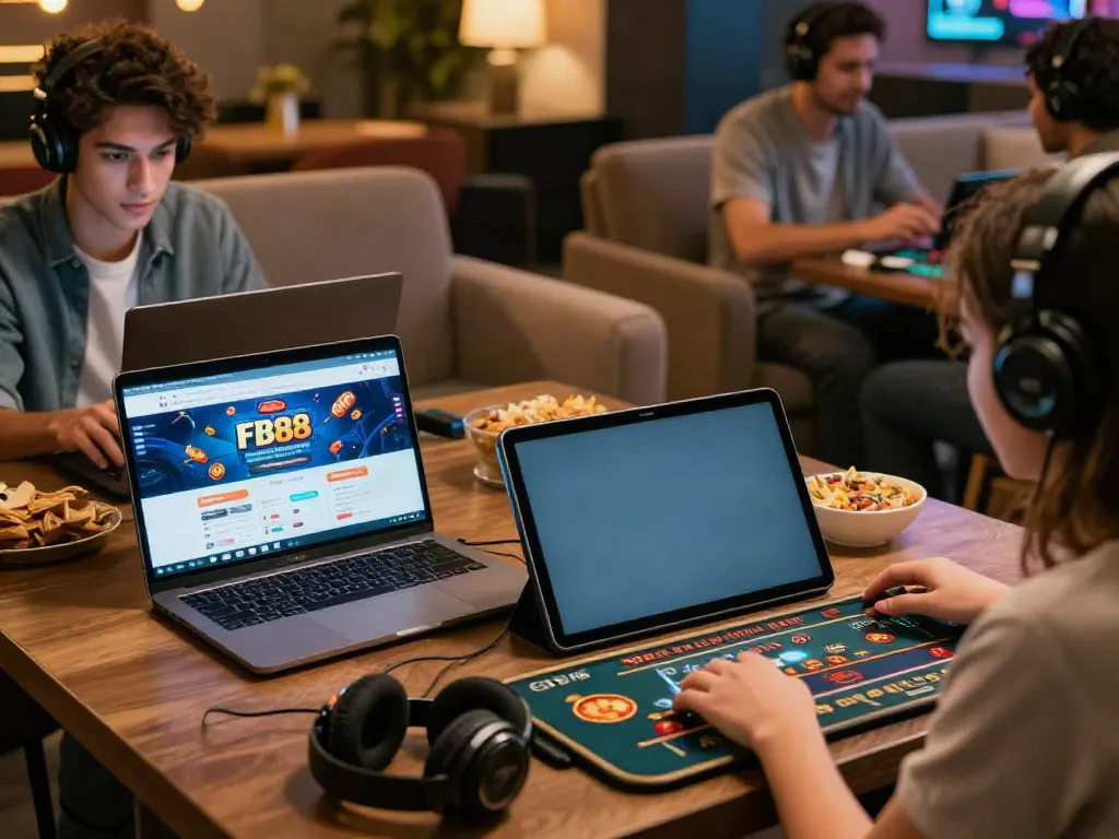 Players enjoying FB88 online betting activities on laptops and smartphones, showcasing a vibrant gaming atmosphere.