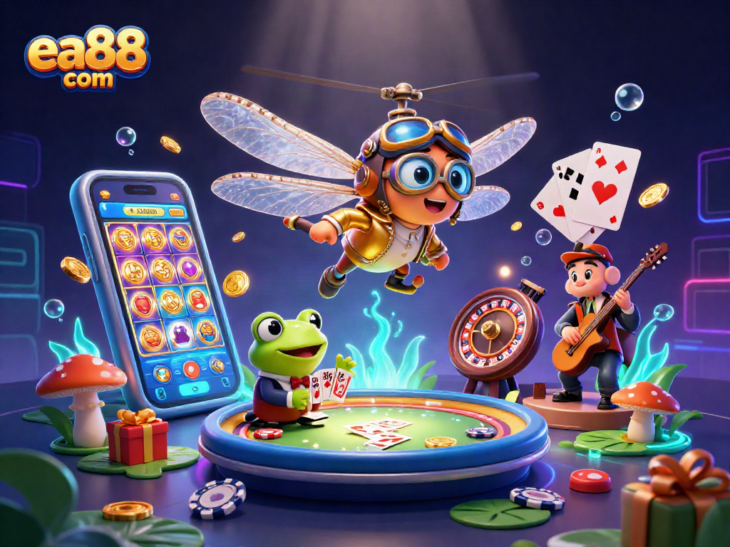 Play exciting games at ea88 com with a colorful 3D illustration featuring a vibrant casino scene.