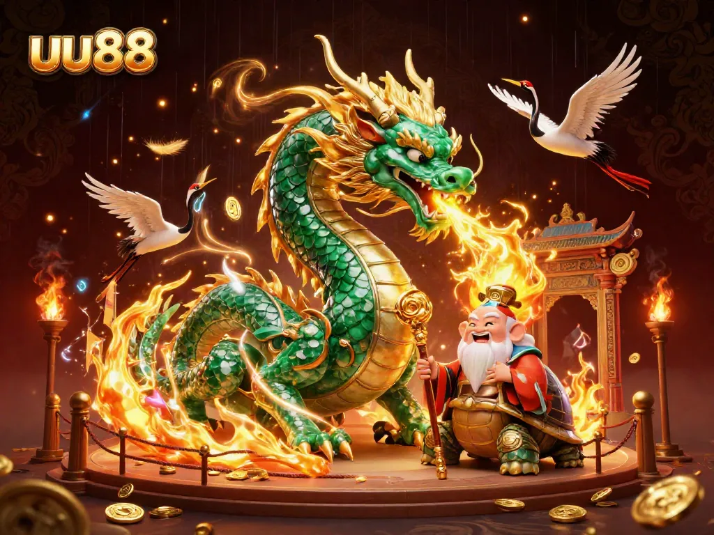 Experience the thrill of uu88 as the jade dragon ignites fortune in an energetic casino scene.
