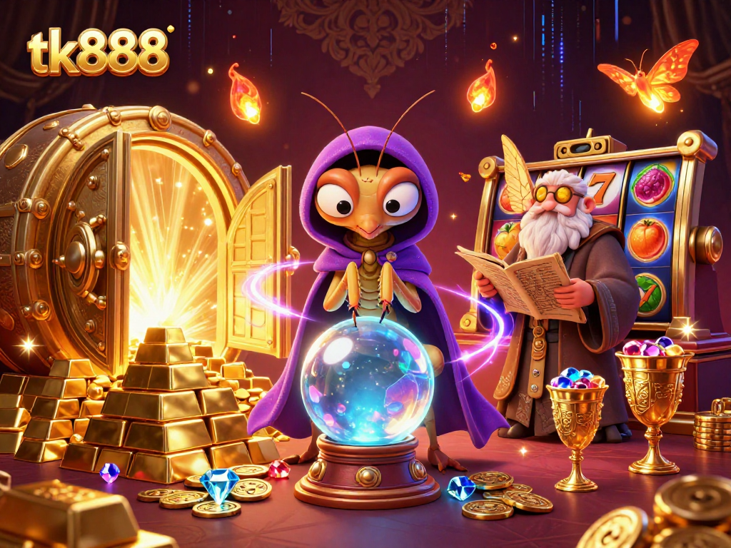 Engage with tk888's vibrant slot experience alongside a mystical fortune teller in this captivating 3D illustration.