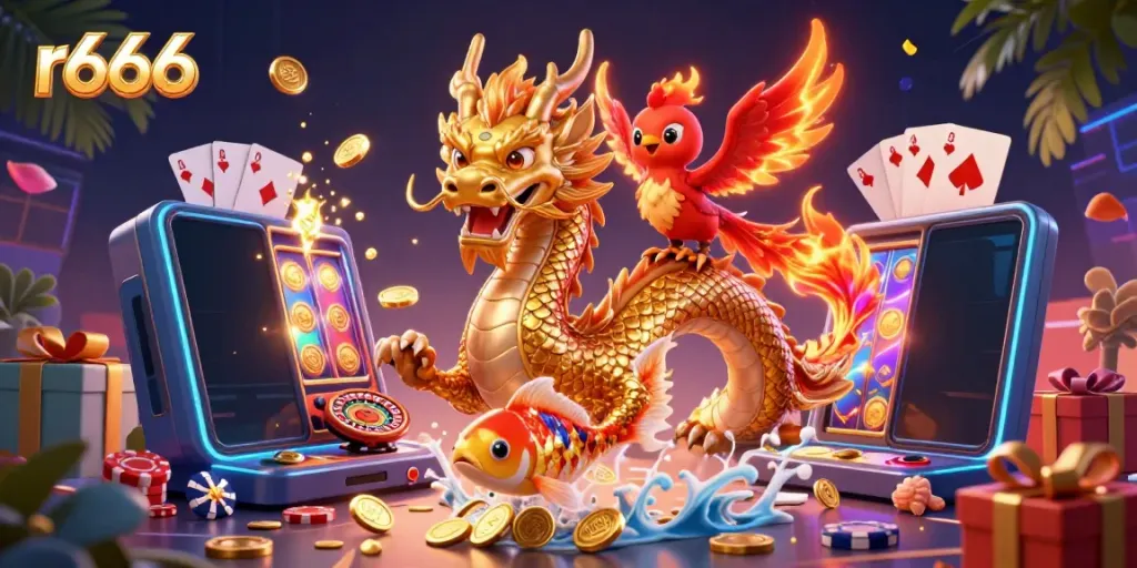 Experience thrilling gameplay at r666 with a dazzling dragon, phoenix, and koi fish surrounded by vibrant casino elements.