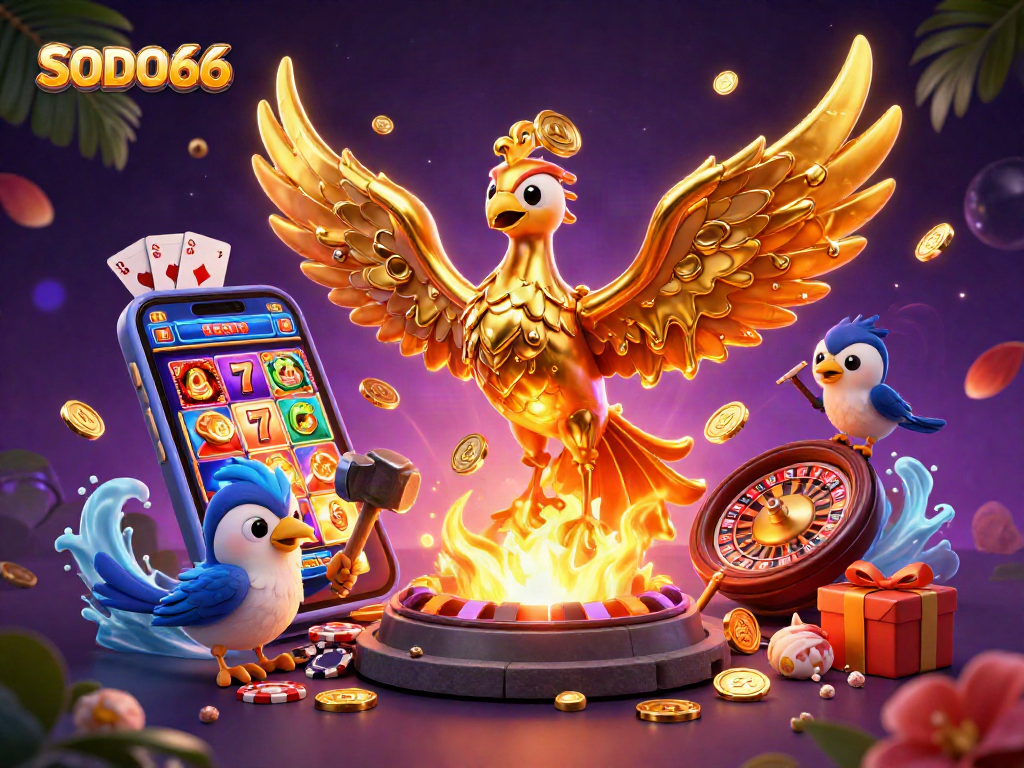 Experience the excitement of SODO66 with a vivid 3D illustration showcasing vibrant casino elements like slots and cards.
