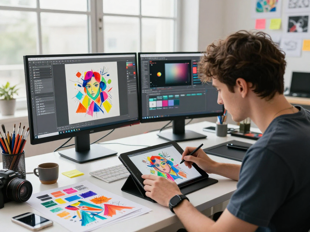 Innovative artist creating nsfw ai artwork in a bright digital studio