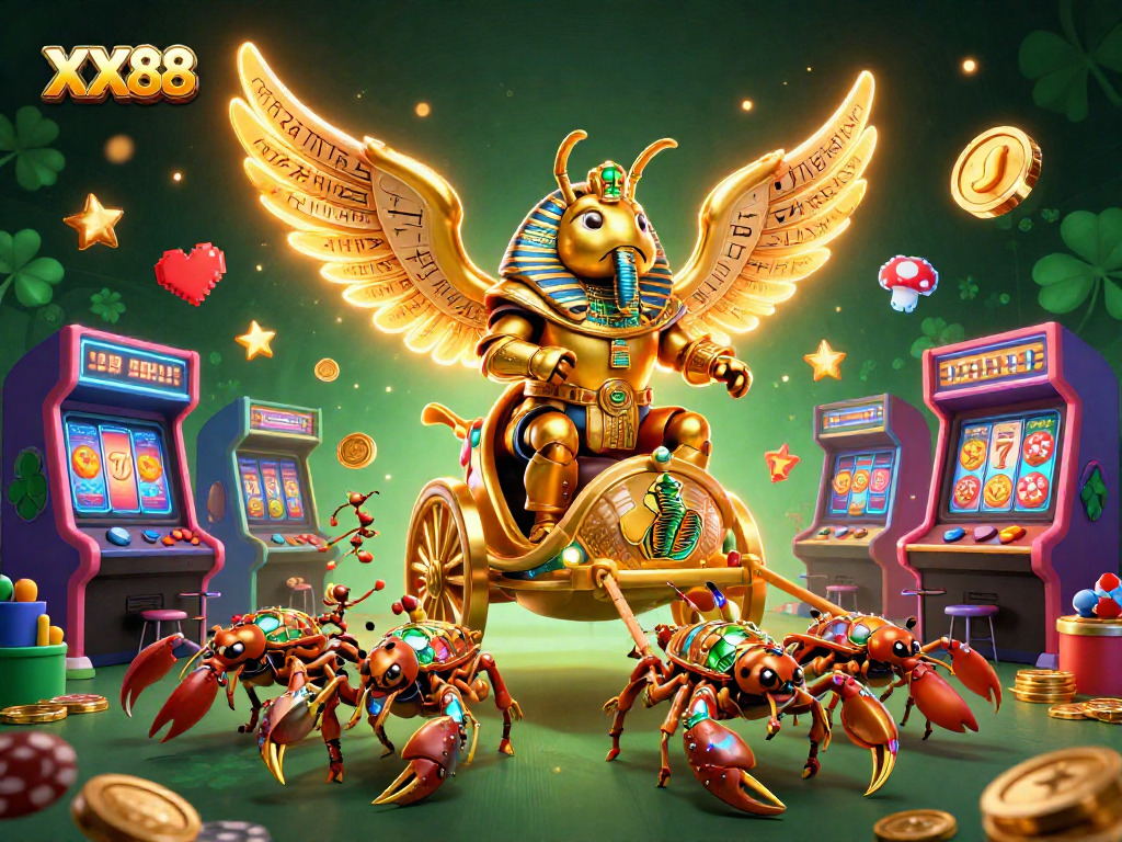 Engage with XX88's thrilling slot games, featuring a golden scarab and vibrant casino elements.
