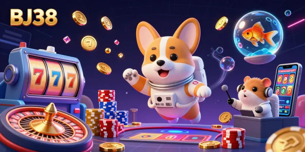Engage in thrilling gameplay with BJ38's exciting space casino adventure featuring slots and floating treasures.