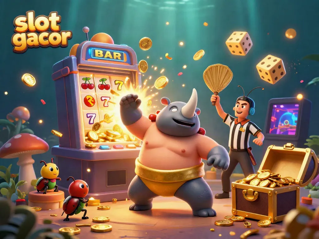 Experience the excitement of slot gacor as a rhinoceros beetle sumo champion stomps and coins fly in this vibrant casino scene.