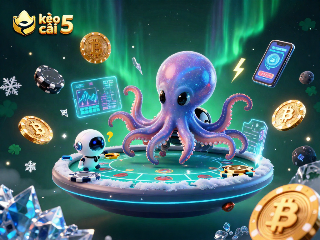 Engage with kèo nhà cái 5 through a vibrant 3D illustration showcasing an alien octopus at a holographic poker table.