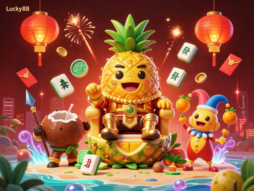 Join the unforgettable fun at Lucky88's beach casino with the golden pineapple king and vibrant festive elements.