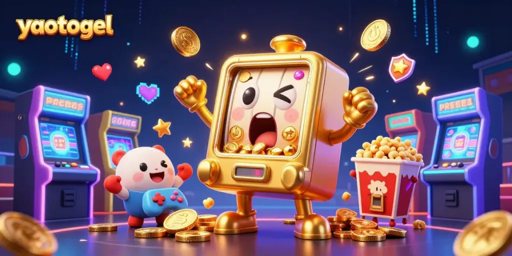 Experience excitement at yaotogel as a golden slot machine hits the jackpot amidst vibrant gaming action.
