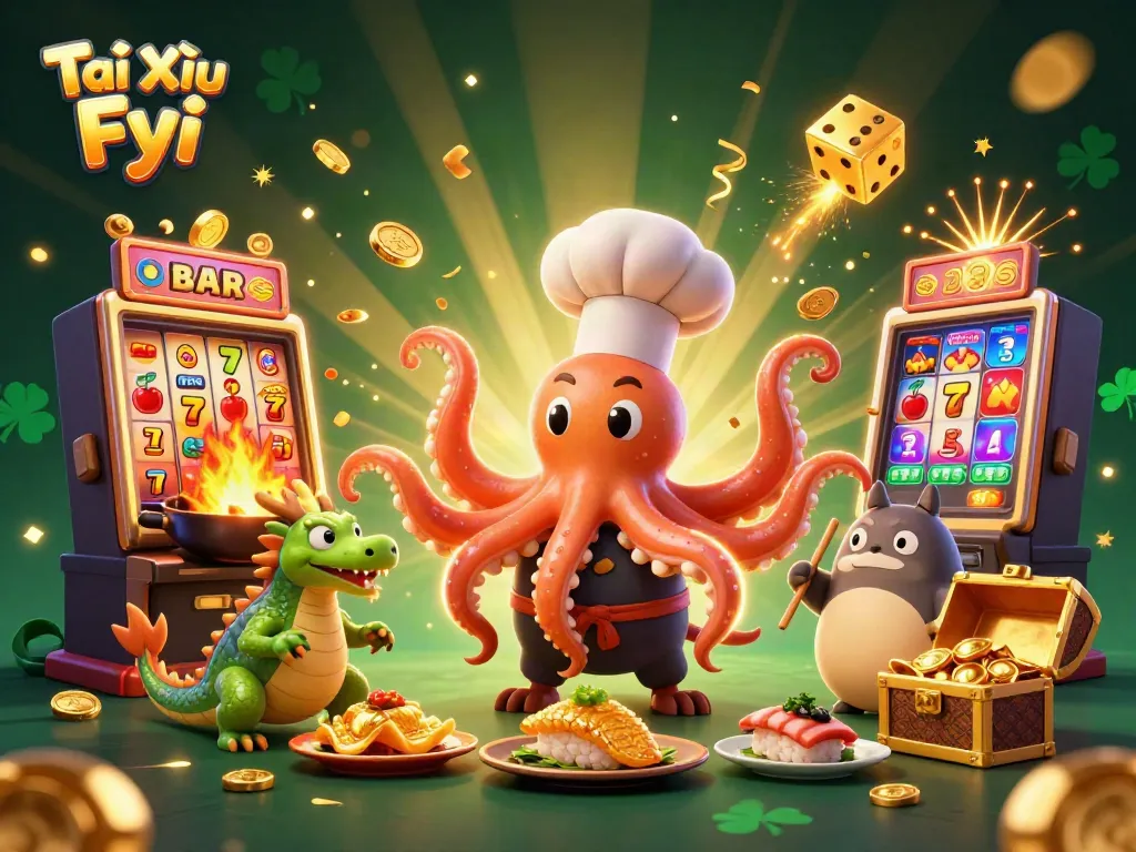 Experience Tài Xỉu Fyi as a whimsical sushi chef octopus serves golden dishes in a vibrant casino setting.