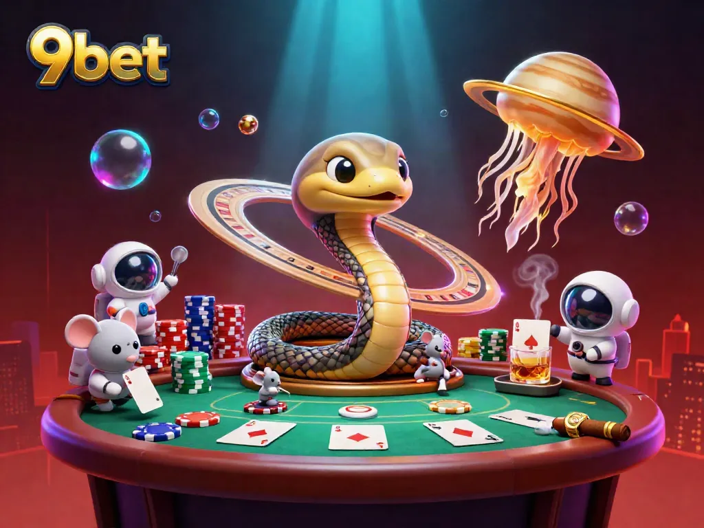 Experience exciting gameplay with 9bet's vibrant cosmic casino scene featuring animated poker action.