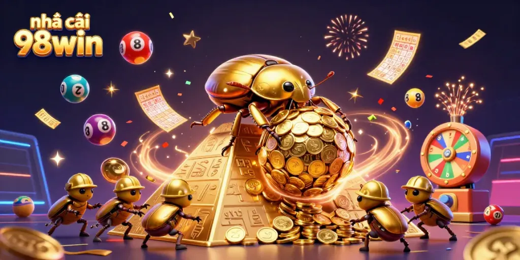 Engage with the vibrant world of nhà cái 98win illustrated through dynamic lottery and casino elements.
