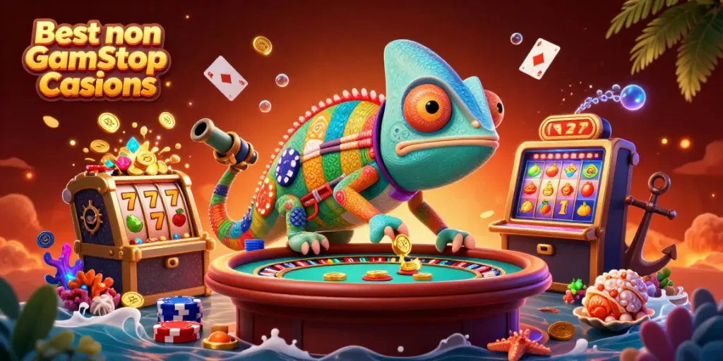 Engage with the vibrant scene of Best non Gamstop Casinos featuring a chameleon casino owner amidst slot reels and sparkling treasures.