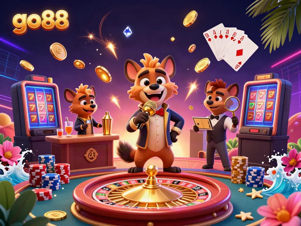 Experience thrilling casino action with go 88, featuring hyenas in a comedic setting engaging with games and vibrant visuals.