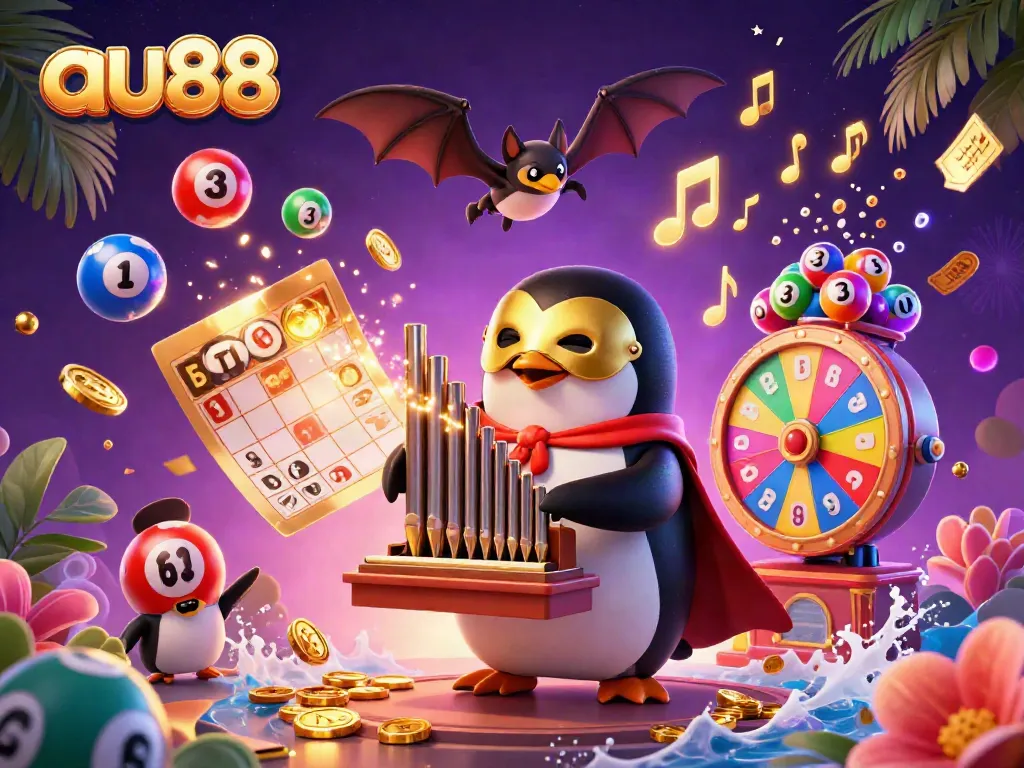 Experience the excitement of au88 as a cartoon penguin plays an organ that rains gold coins, surrounded by vibrant games.