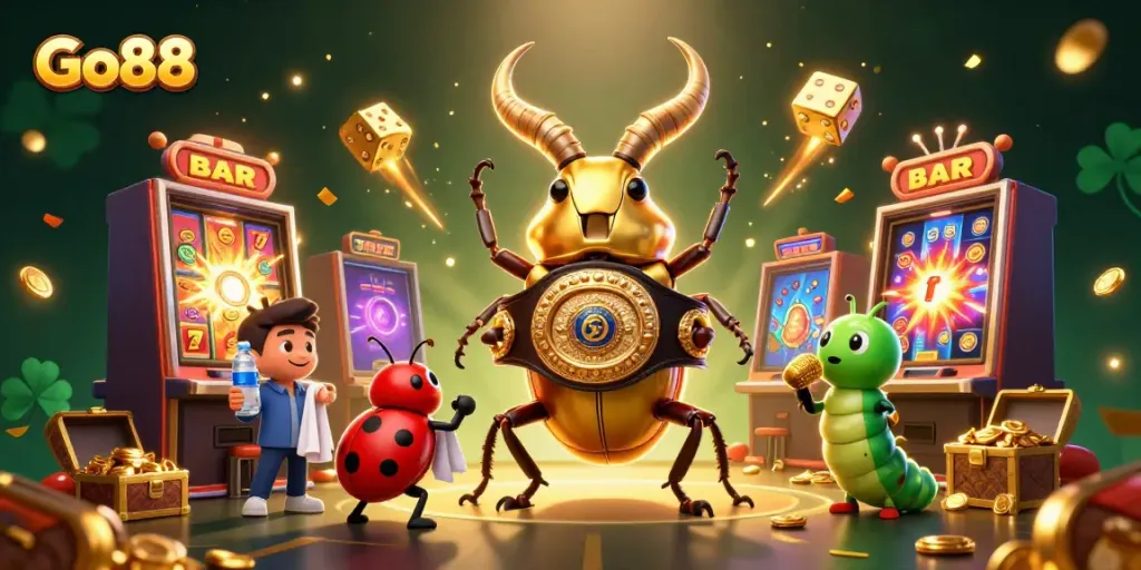 Join the Go88 adventure with a golden stag beetle champion in a dynamic casino showdown.