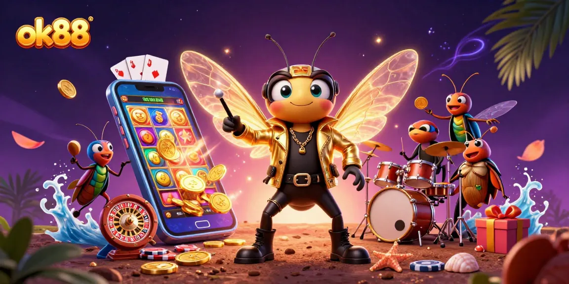 Experience ok88's vibrant gaming action with a cartoon cicada rock star and exciting casino elements.