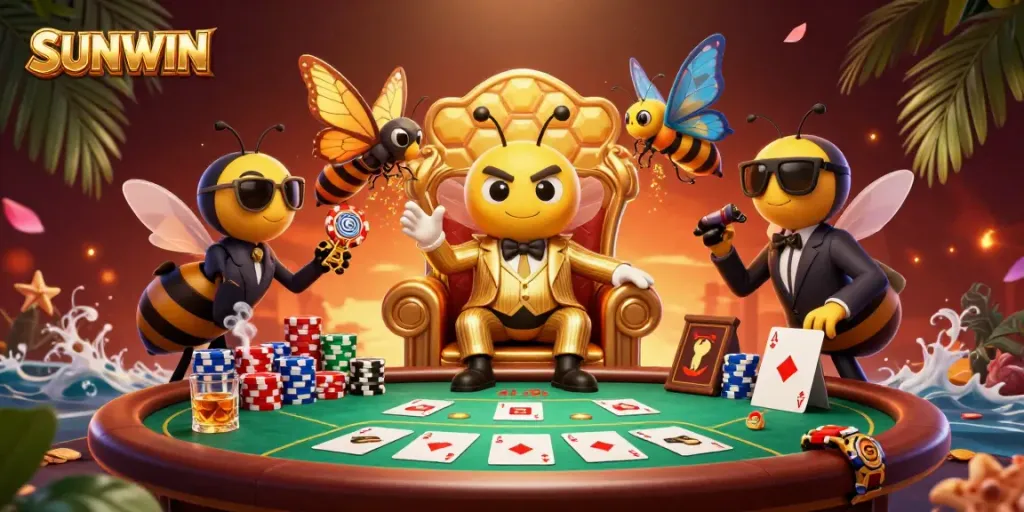 Engage with SUNWIN at a vibrant casino scene featuring a bumblebee mob boss, poker elements, and rich colors.