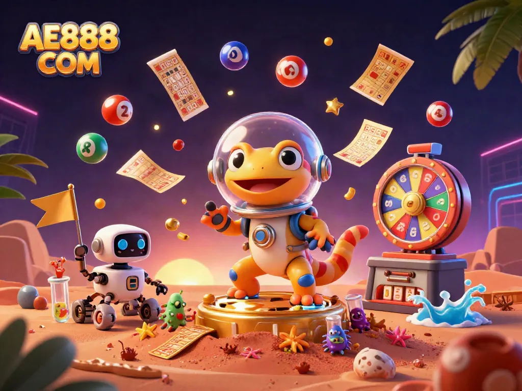 Experience the excitement of gambling at AE888 COM with a cartoon Martian gecko exploring a golden casino.