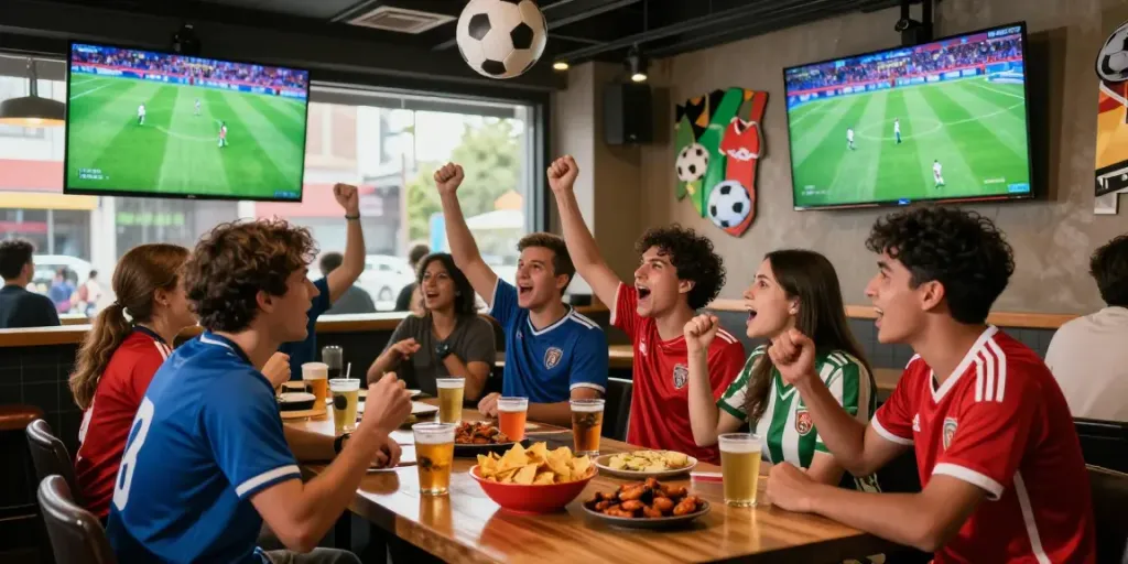 Socolive fans enjoying a thrilling soccer match atmosphere at a sports bar.