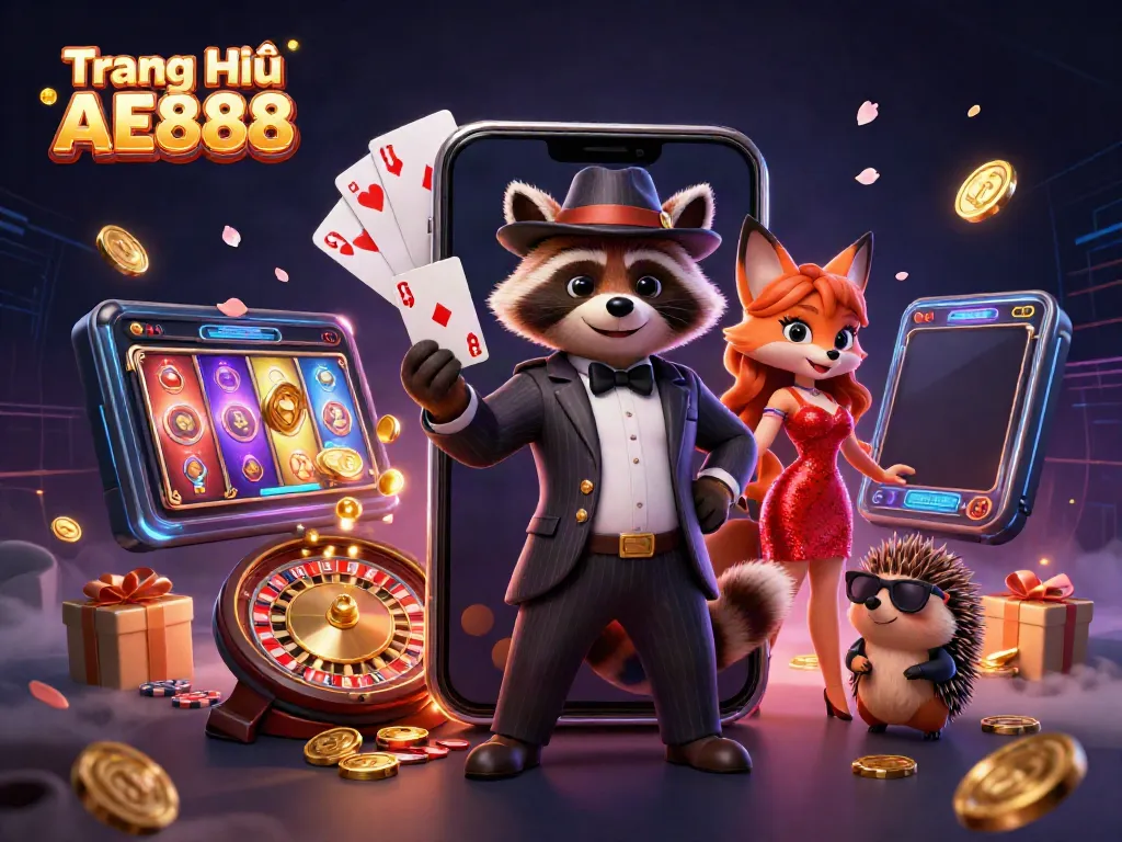 Engage in exciting gameplay at Trang Chủ AE888 with raccoon holding a royal flush in a vibrant casino scene.