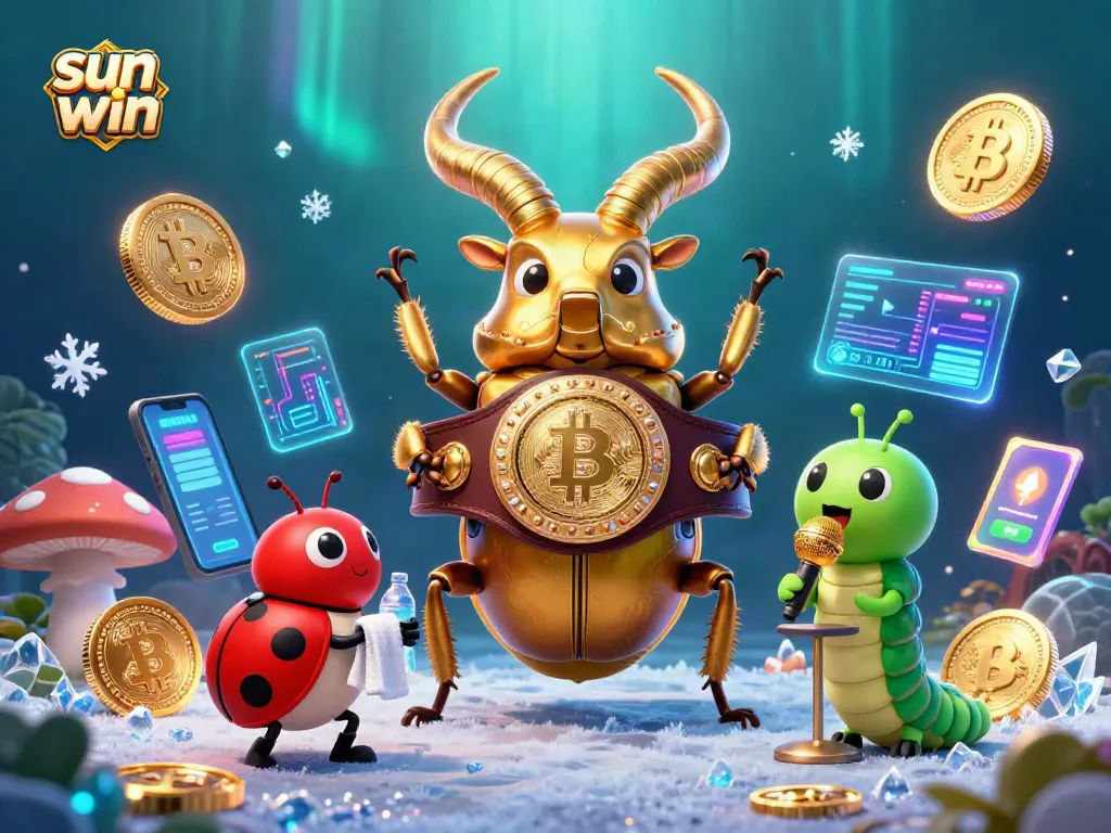 Experience sun win with dynamic casino-themed characters under neon lights and crypto elements.