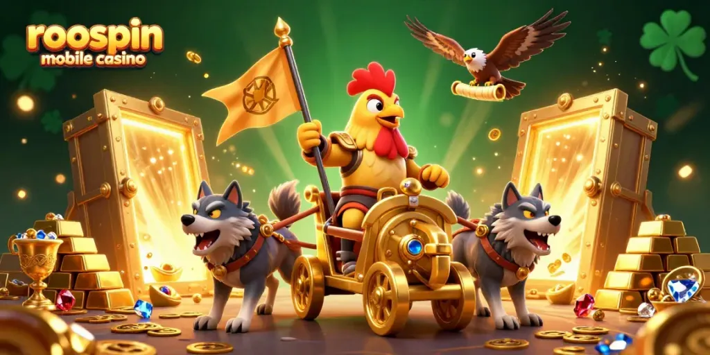 Experience the excitement of Roospin mobile casino with this vibrant illustration featuring a rooster warlord and treasure.