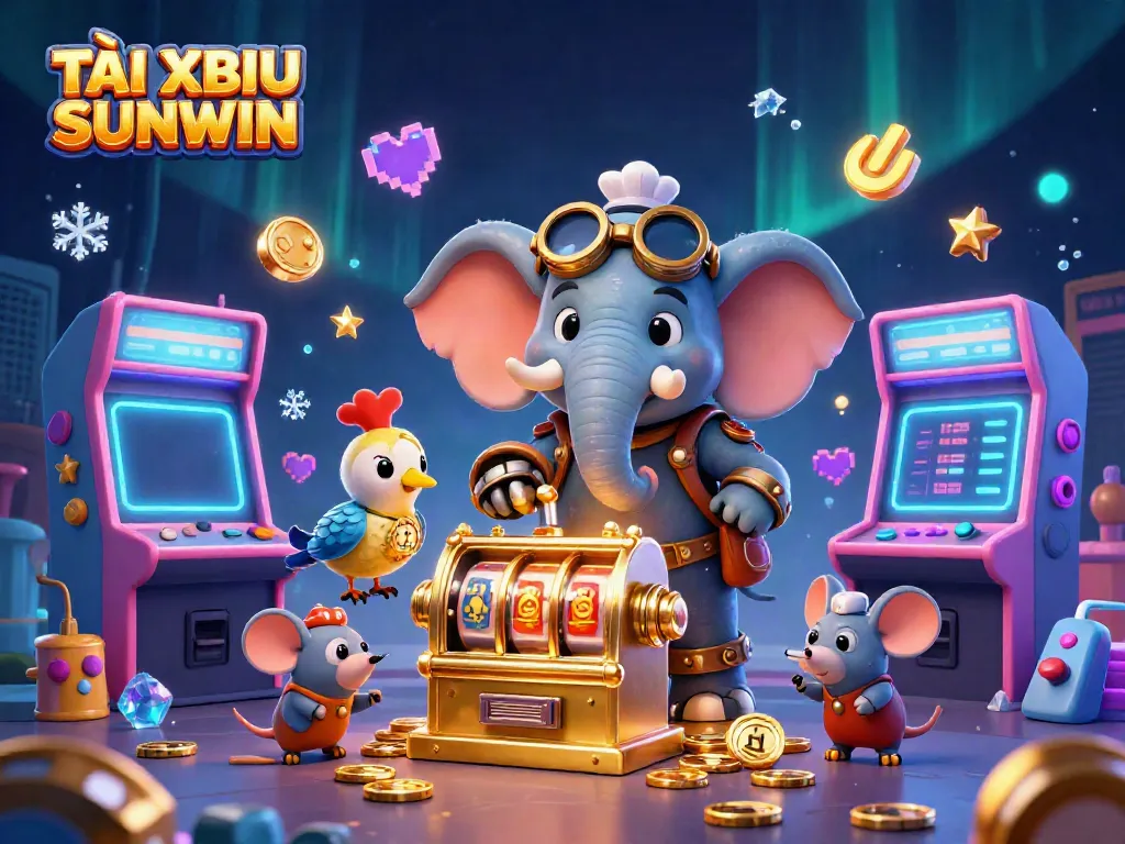 Engaging 3D scene showcasing TÀI XỈU SUNWIN with a playful steampunk elephant and slot machine, embodying casino fun.